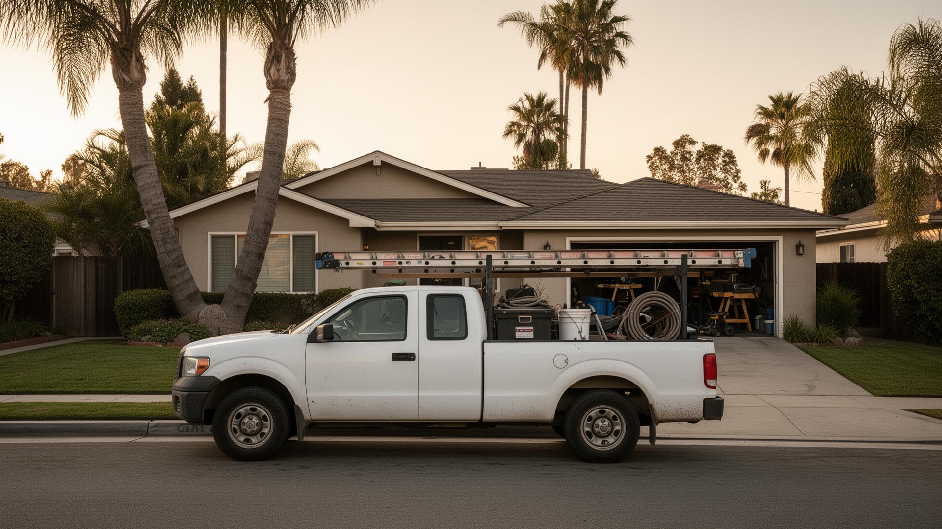 A service work van parked on a quiet street at golden hour